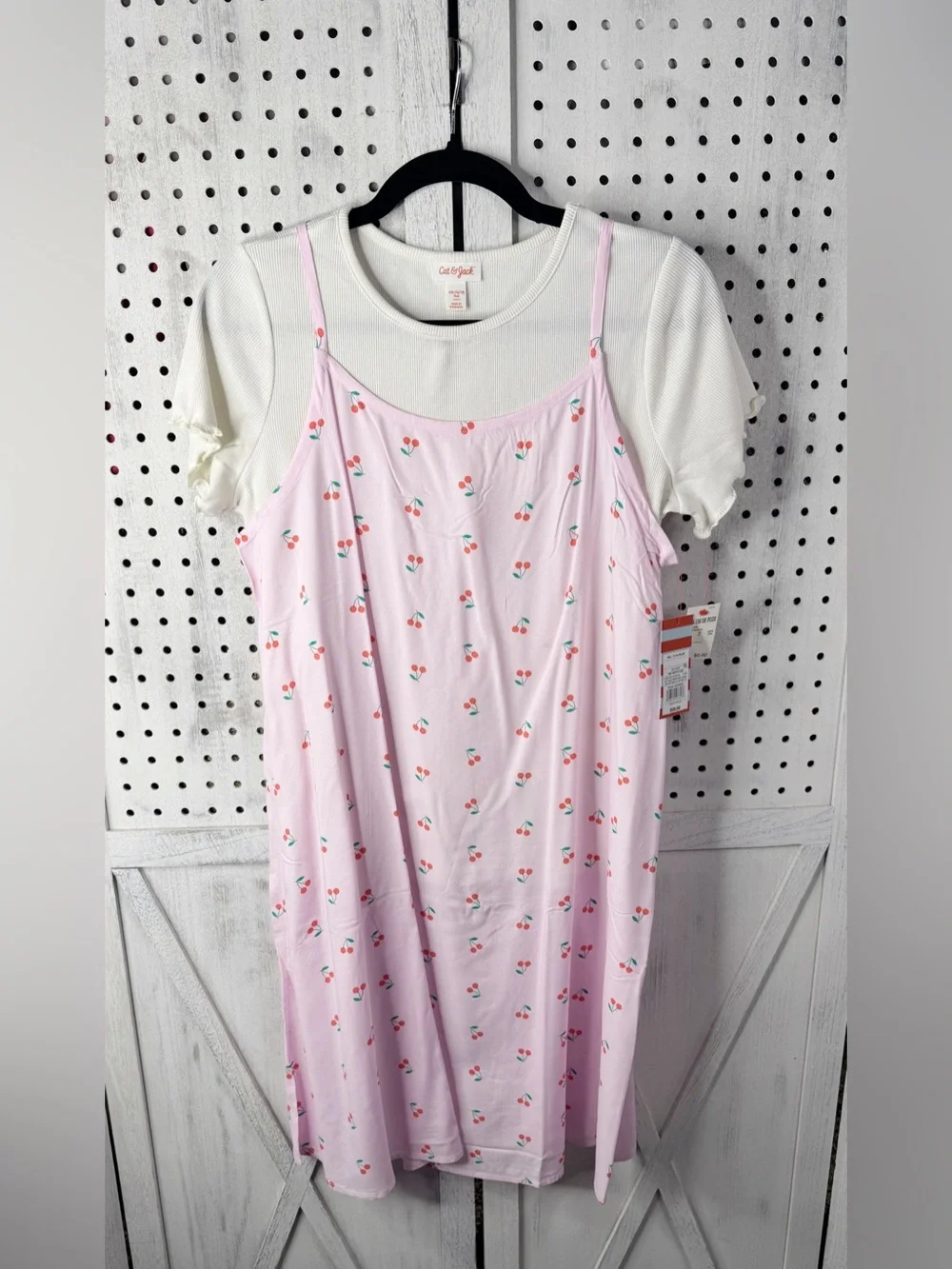 Cat & Jack Cherry Print Layered Dress Girls Size 16 NWT Pink Cottagecore Casual
